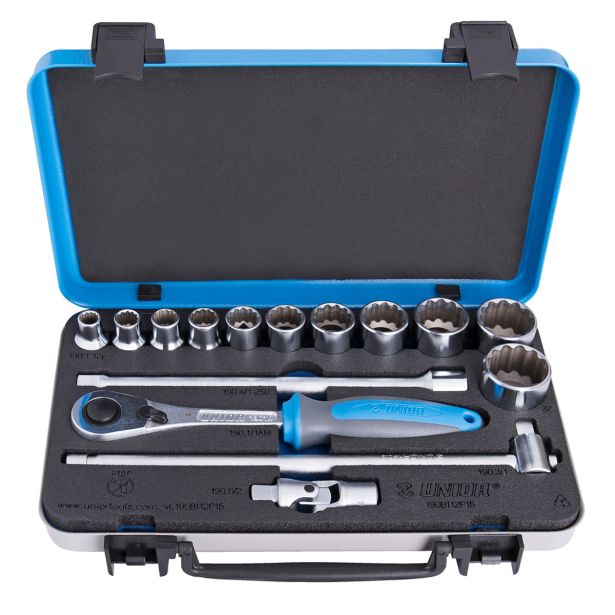 GARNITURA 12-KOTNIH NASADNIH KLJUČEV 1/2" UNIOR V KOVINSKI KASETI 10 - 32 MM/15-DELNA ART. 190BI12P15 (627205)
