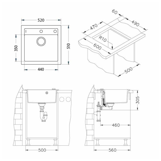 GRANITAL POMIVALNO KORITO ALVEUS FORMIC 20, G05M TWILIGHT 520X510 MM
