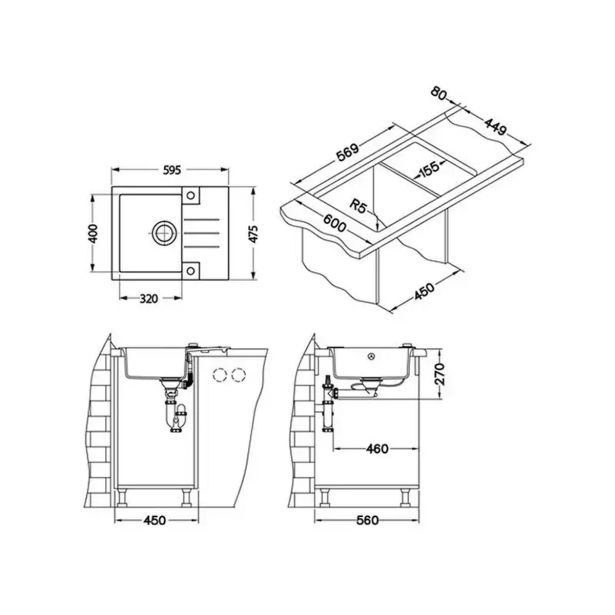 GRANITAL POMIVALNO KORITO ALVEUS ROCK 30, G81 CONCRETE 595X475 MM