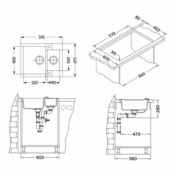 GRANITAL POMIVALNO KORITO ALVEUS ROCK 80, G91 CARBON 595X475 MM