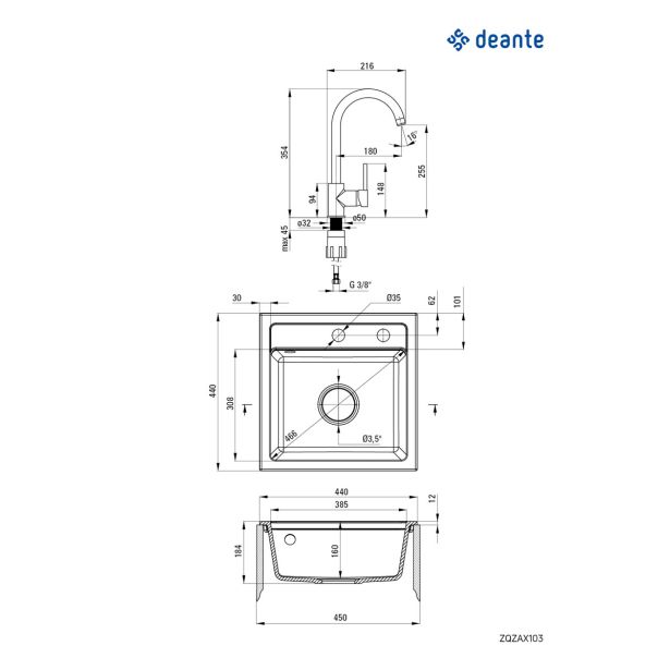 GRANITAL POMIVALNO KORITO DEANTE ZORBA ZQZA 2103 SET Z ARMATURO