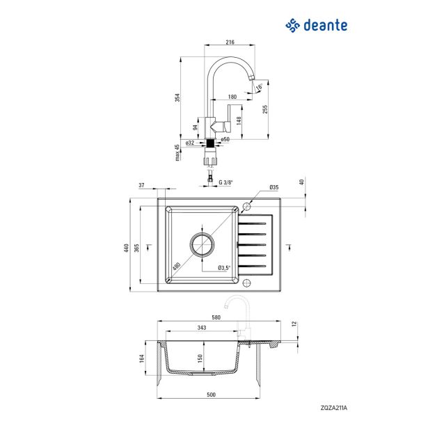 GRANITAL POMIVALNO KORITO DEANTE ZORBA ZQZA 211A SET Z ARMATURO