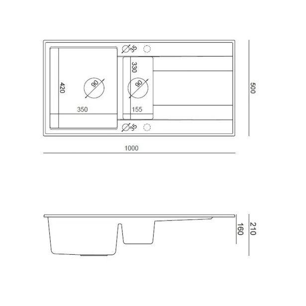GRANITAL POMIVALNO KORITO QUADRON EVAN 156 ČRN DIAMANT