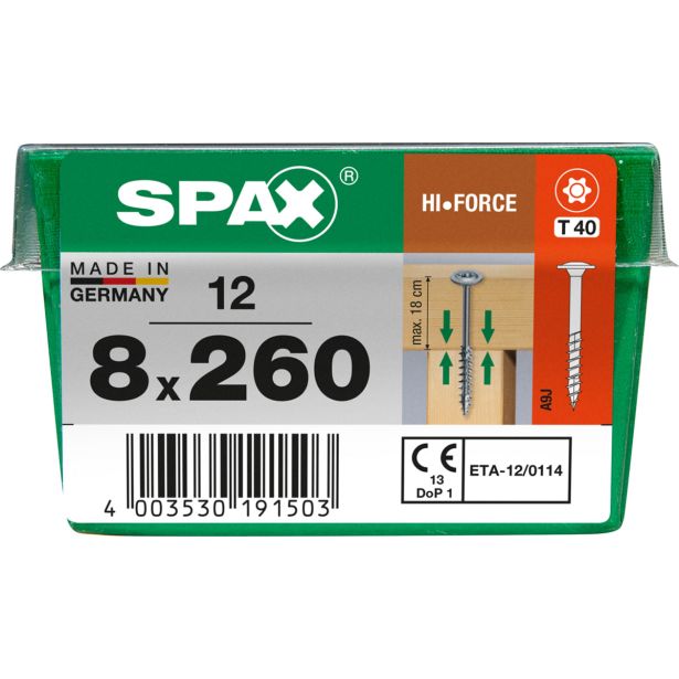 VIJAK ZA LESENE KONSTRUK. SPAX HI.FORCE WIROX 8X260 ZAV=12KOS