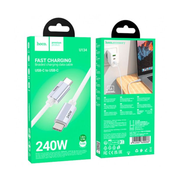 HOCO PODATKOVNI POLNILNI KABEL U134 TYPE C NA TYPE C 1,8M 240W 5A - SIV PLETEN