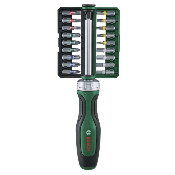 IZVIJAČ Z RAGLJO IN 18-DELNI KOMPLET NASTAVKOV BOSCH ZA DOMAČE MOJSTRE