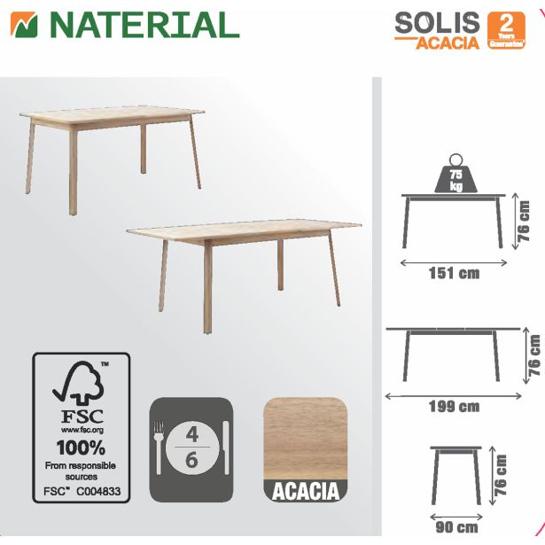 JEDILNA MIZA SOLIS METULJ ZUN. 150/200 AKACIJA