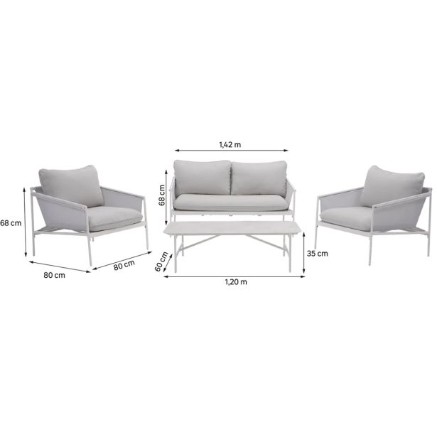 KAVČNA GARNITURA SIGMA 4P JEKLO KD BELA STRUKTURA STEKLENA MIZNA PLOŠČA