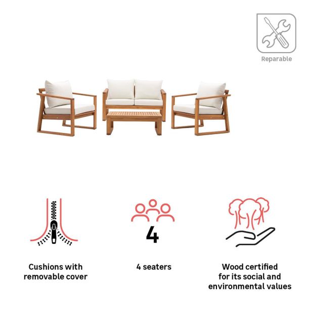 KAVČNA GARNITURA SOLARIS COMPACT 4P FSC AKACIJA BEŽ MEDEN LES