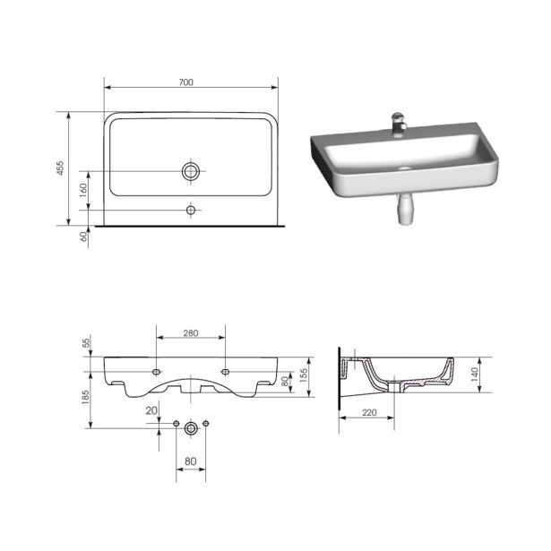 UMIVALNIK OPOCZNO URBAN HARMONY 70X45.5 CM STENSKI ALI NADPUTNI