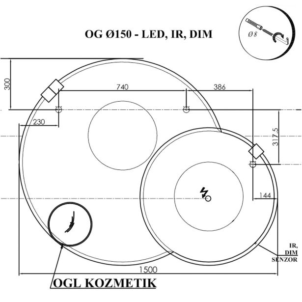 KLASIČNO OGLEDALO KOLPA SAN OG FI 150 LED, IR, DIM