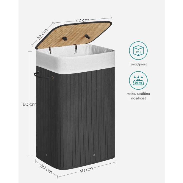 KOŠ ZA PERILO SONGMICS BAMBUS ZLOŽLJIV S POKROVOM 72 L ČRNA
