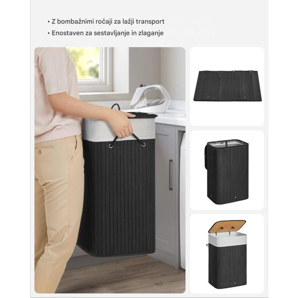 KOŠ ZA PERILO SONGMICS BAMBUS ZLOŽLJIV S POKROVOM 72 L ČRNA