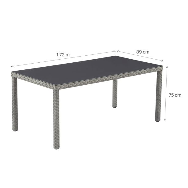 KOVINSKA MIZA NATERIAL DRIOS UMETNI RATAN ALU STEKLO, 172X90 TEMNO SIVA