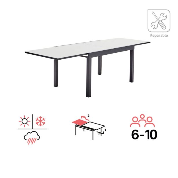 KOVINSKA MIZA NATERIAL LYRA II 4/10P ALU STEKLO 135/270X90 TEMNO SIVA