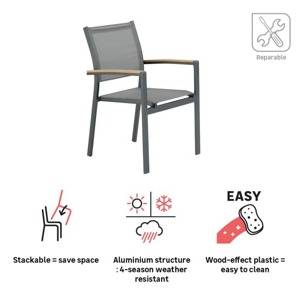 KOVINSKI STOL NATERIAL JEDILNI CLARA TEMNO SIV ALU