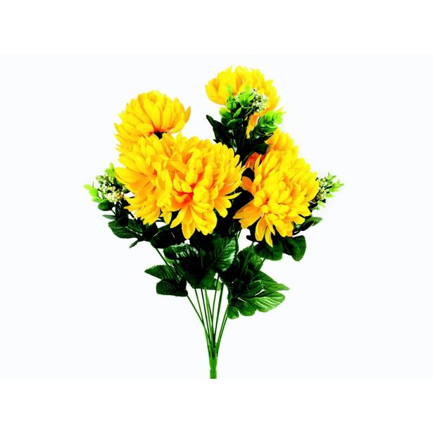 UMETNO CVETJE DAR KRIZANTEMA ŠOPEK X10 RUMEN Z EVKALIPTUSOM