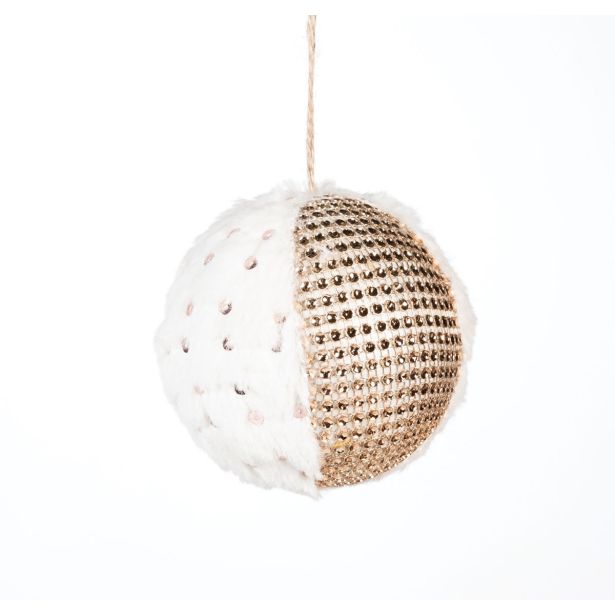 OKRASEK ZA JELKO GLOSSTYLE KROGLA BELA FI 10 CM KOSMATENA ZLAT DEKOR