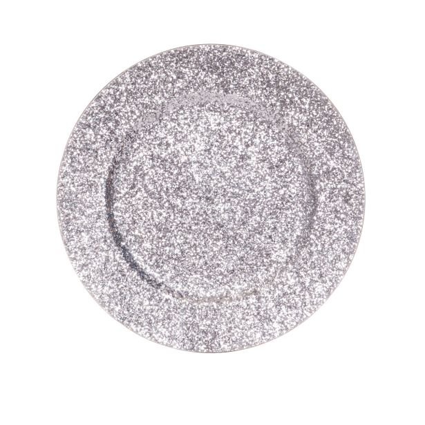 DEKORACIJA GLOSSTYLE KROŽNIK SREBRNI FI 33 CM UMETNA MASA Z BLEŠČICAMI