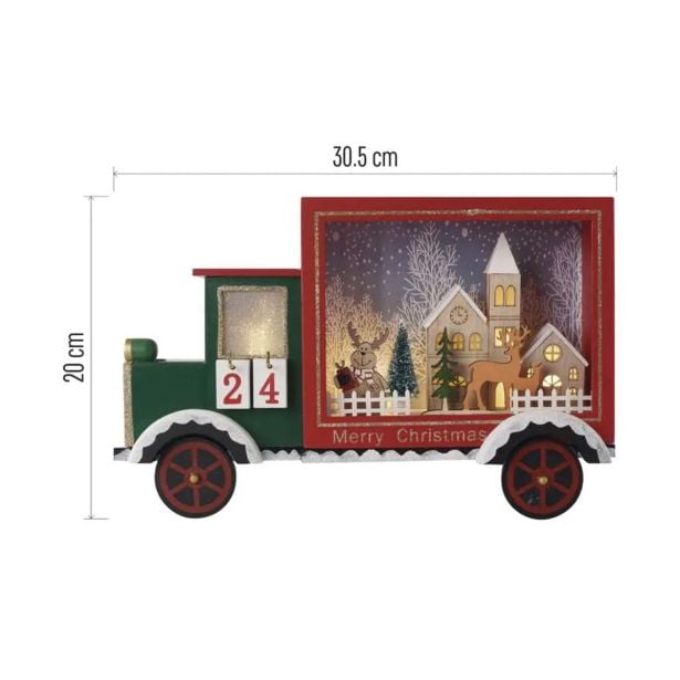 LED ADVENTNI KOLEDAR, LESEN AVTO, 20X30,5 CM, 2X AA, NOTRANJI, TOPLA BELA, ČASOVNIK