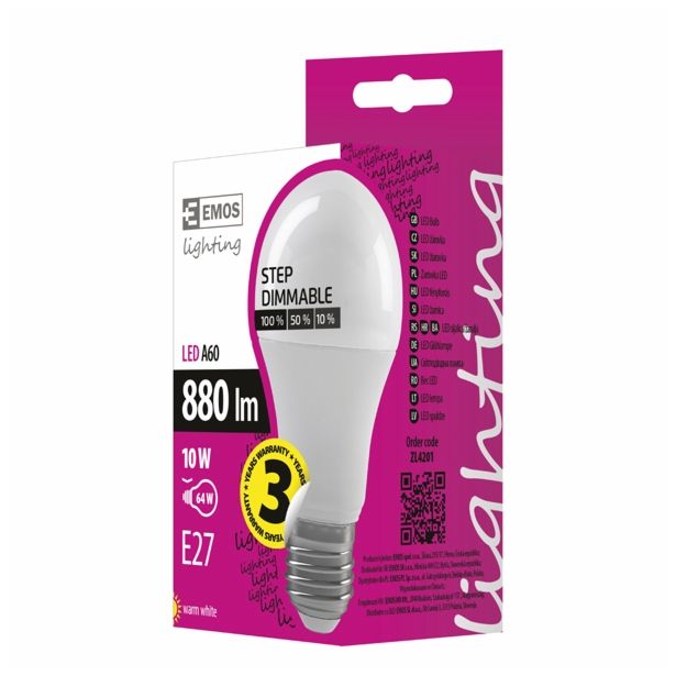 LED ŽARNICA E27 EMOS 220-240V A60 10W/WW DIMM 3 STEPS