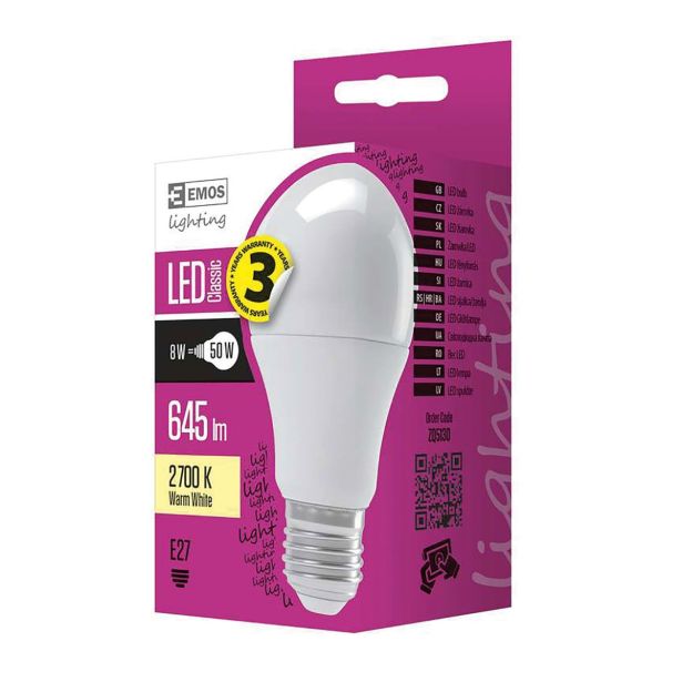 LED ŽARNICA E27 EMOS CLS A60 8W WW
