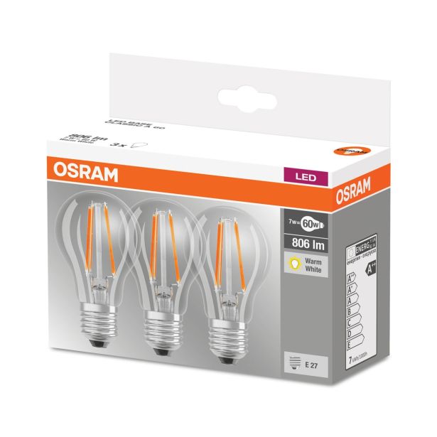 LED ŽARNICA E27 OSRAM BASE CLA60 7W/827 CL 220-240V FILAMENT PAK/3