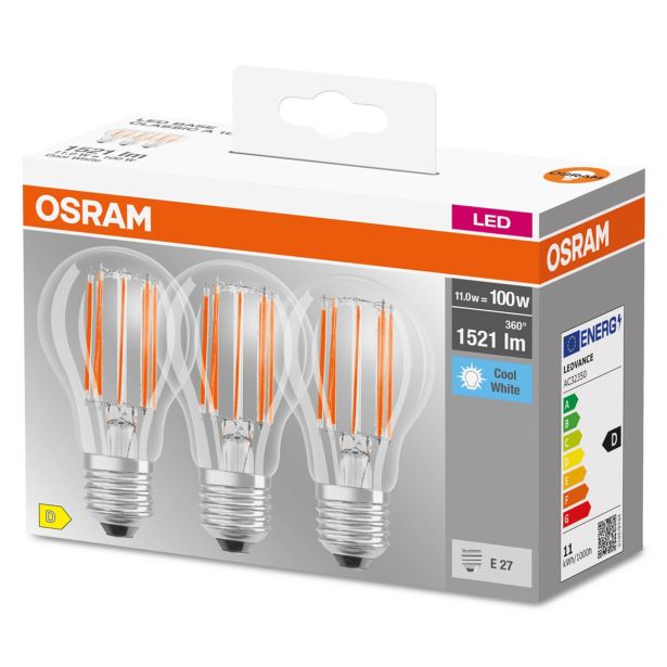 LED ŽARNICA E27 OSRAM CLA100 11W/840 230V FIL PAK3 BASE