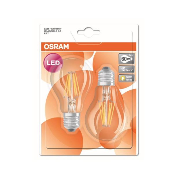 LED ŽARNICA E27 RETROFIT RF CLA60 6W/827 CL 220-240V PROZORNA BL/2