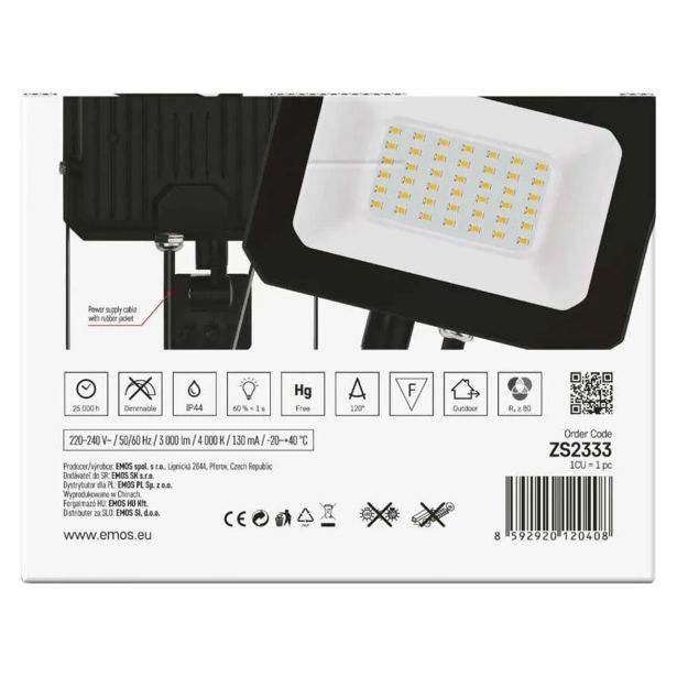 LED ZUNANJI REFLEKTOR EMOS SIMPO 30W 3000LM IP44 NW SENZOR