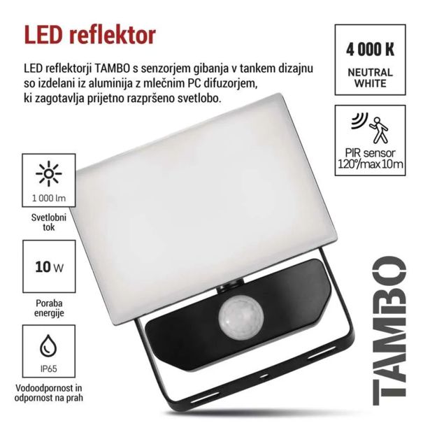 LED ZUNANJI REFLEKTOR TAMBO 10W 1000LM PIR