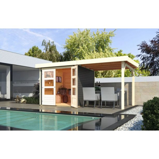 LESENA VRTNA HIŠKA KARIBU ASKOLA 2+PODALJŠEK STREHE ŠIRINE 2.40 M, SIVA