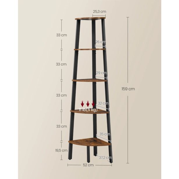 LESENI REGAL VASAGLE KOTNI KNJIŽNI 5 NIVOJEV