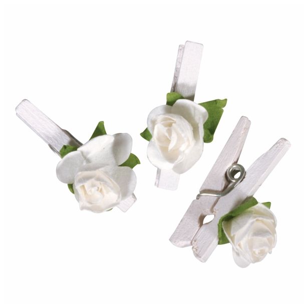 LESENI USTVARJAL. DODATKI RAYHER LESENE ŠČIPALKE Z VRTNICO BELE, 12 KOSOV