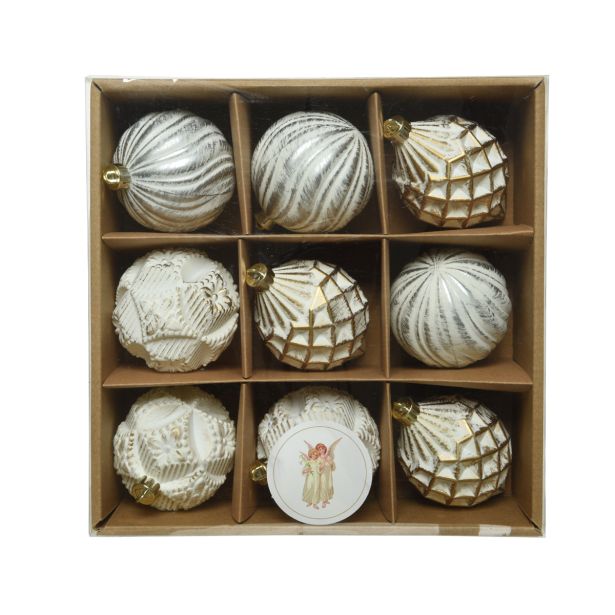 BUNKE ZA NOVOLETNO JELKO IZ UMETNE MASE V BELI IN ZLATI BARVI, PREMER 80 MM, 9/1