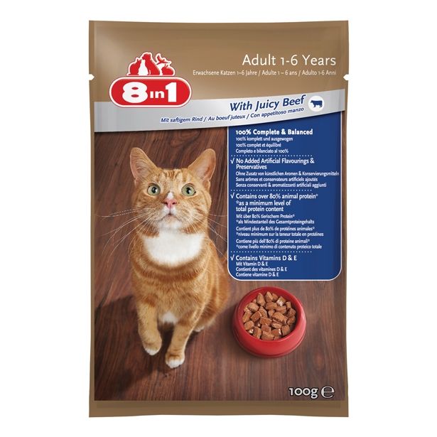 MOKRA HRANA ZA MAČKA 8 IN 1 HRANA 8IN1 ODRASLE MAČKE GOVEDINA, 100G VREČKA