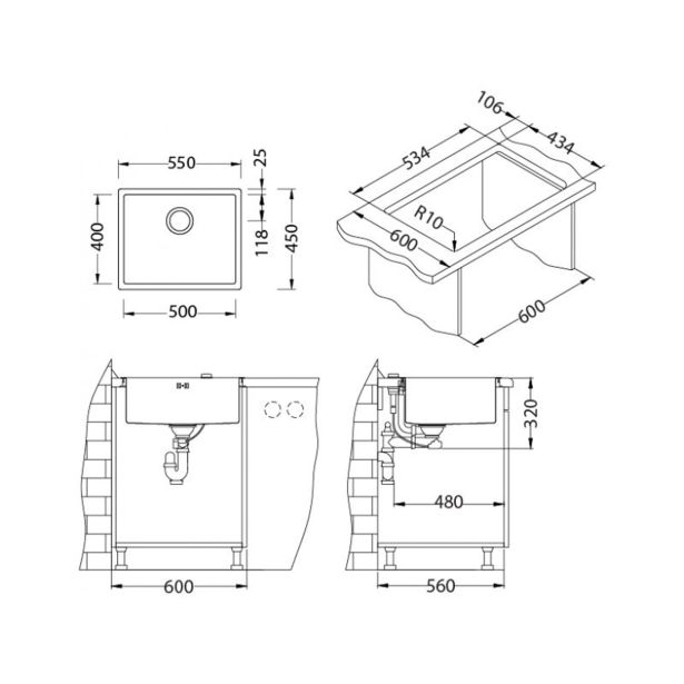 NERJAVNO POMIVALNO KORITO ALVEUS MONARCH QUADRIX 50,COPPER 550X450 MM