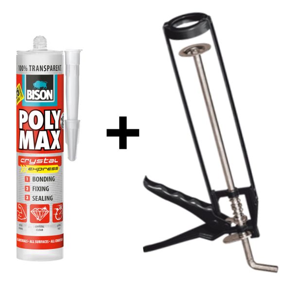 MONTAŽNO LEPILO BISON POLY MAX CRYSTAL EXPRESS 300G + PIŠTOLA GRATIS
