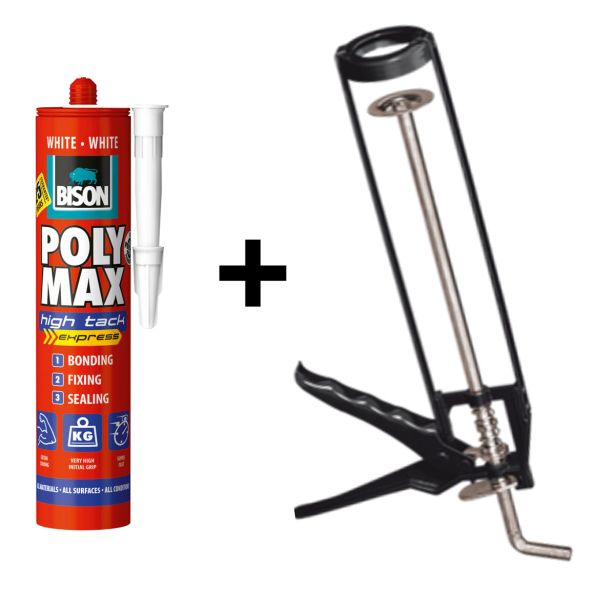 MONTAŽNO LEPILO BISON POLY MAX HIGH TACK 440G EXPRESS BEL +PIŠTOLA GRA.