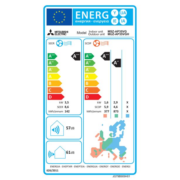 SPLIT ENOJNA INVERTER MITSUBISHI MSZ-AP35VGK / MUZ-AP35VGH 3.5KW, NOTR+ZUN ENOTA