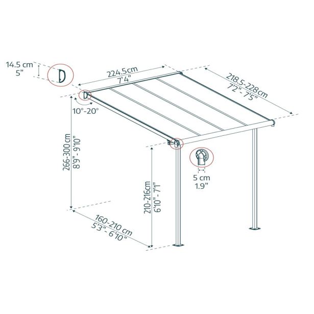 NADSTREŠEK ZA TERASO PALRAM SIERRA, SIVA/TRANSPARENT 2,3X2,3M