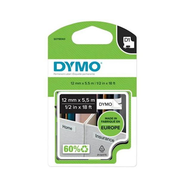 NALEPKE IN TRAKOVI DYMO D1 TRAK 12 MM ČRNA NA BELI, POLIESTER