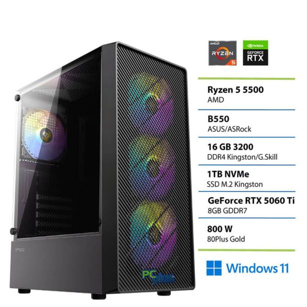 NAMIZNI RAČUNALNIK PC PLUS R55500 16GB RTX5060TI W11 GAMER 8 GB 1TB