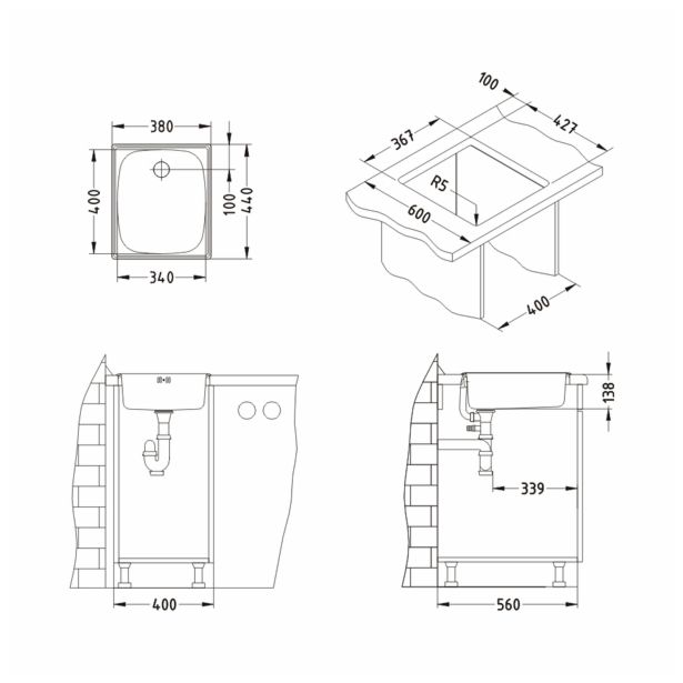 NERJAVNO POMIVALNO KORITO ALVEUS BASIC 10 FI 90, SATIN 380X440 MM
