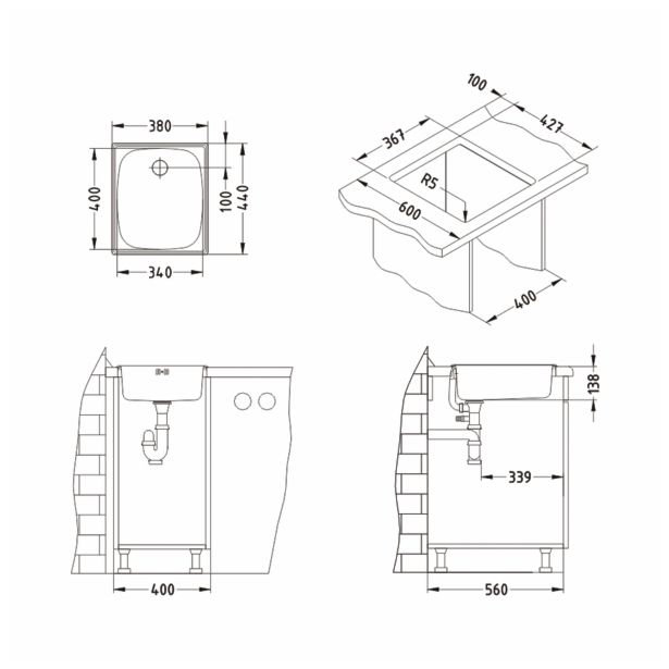 NERJAVNO POMIVALNO KORITO ALVEUS BASIC 10, SATIN 380X440 MM