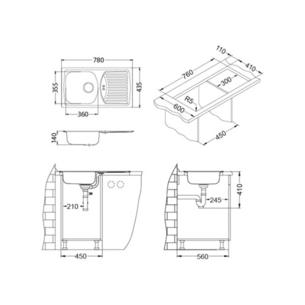 NERJAVNO POMIVALNO KORITO ALVEUS BASIC 150, NAT 780X435 MM IZTOK 88.9 MM