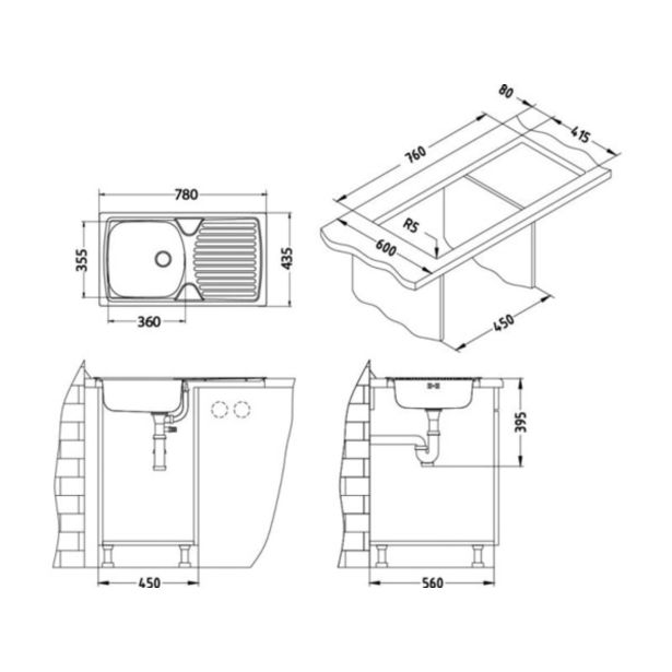 NERJAVNO POMIVALNO KORITO ALVEUS BASIC 170, LEINEN 780X435 MM IZTOK 38.1 MM