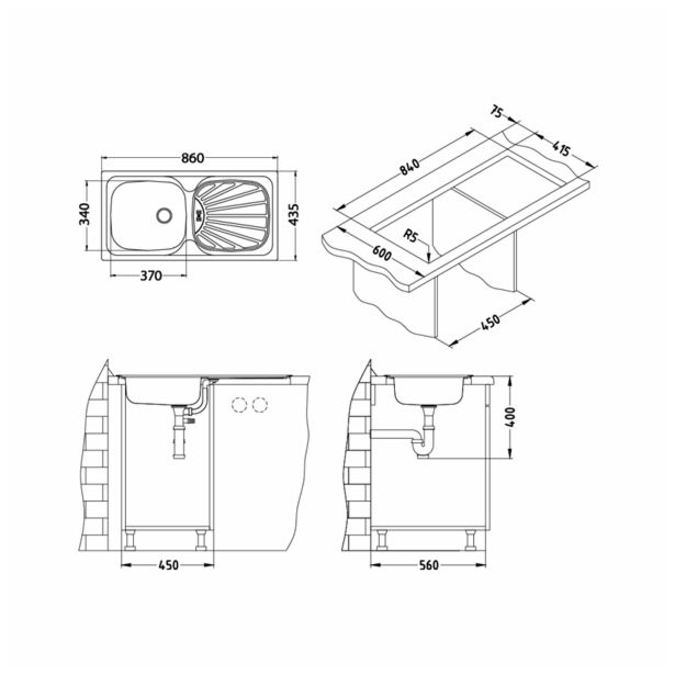 NERJAVNO POMIVALNO KORITO ALVEUS BASIC 80, SATIN 860X435 MM