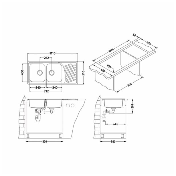 NERJAVNO POMIVALNO KORITO ALVEUS ELEGANT 70, SATIN 1110X510 MM