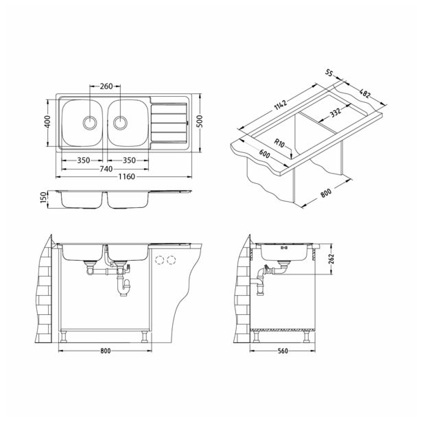 NERJAVNO POMIVALNO KORITO ALVEUS LINE 100, SATIN 1160X500 MM